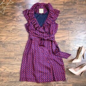 Elizabeth McKay • Scotland wrap dress ruffle silk red & navy blue chain link